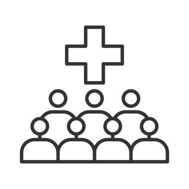 Toplum sağlığı, çizgi tasarımı ikonu. Halk sağlığı, halk sağlığı, grup, insanlar, destek, bakım, beyaz arka plandaki kalabalık. Topluluk sağlığı düzenlenebilir vuruş simgesi