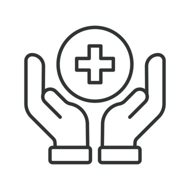 Sağlık hizmetleri koruması, çizgi tasarımı ikonu. Sağlık, kamu sağlığı, bakım, destek, eller, güvenlik, beyaz arka plan vektöründe kalkan. Sağlık koruma düzenlenebilir vuruş simgesi