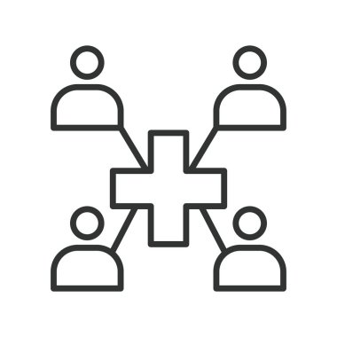 Sağlık ağı, çizgi tasarımı ikonu. Sağlık ağı, bağlantı, topluluk, halk sağlığı, insanlar, destek, beyaz arka plan vektörü üzerindeki ilişkiler. Sağlık ağı düzenlenebilir vuruş simgesi