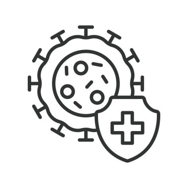 Sağlık koruması, tasarım ikonu. Sağlık koruma, virüs, kalkan, dokunulmazlık, halk sağlığı, savunma, beyaz arka plan vektörünü önleme. Sağlık koruma düzenlenebilir vuruş simgesi