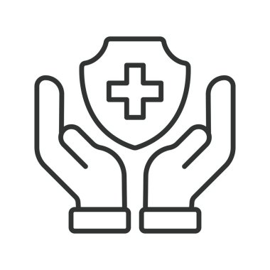 Tıbbi koruma, çizgi tasarımı ikonu. Tıbbi koruma, kalkan, halk sağlığı, eller, güvenlik, bakım, beyaz arka plan vektörü savunması. Tıbbi koruma düzenlenebilir vuruş simgesi