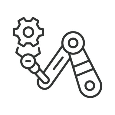 Çizgi tasarımında robot işleme simgesi. Kol, dişli, mühendislik, hareket, hassasiyet, otomasyon, beyaz arka plan vektörünün kontrolü. robotik manipülasyon düzenlenebilir vuruş simgesi