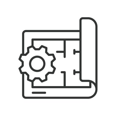 Mühendislik tasarım tasarımı ikonu. Plan, taslak, yapı, konsept, levha, dişli, beyaz arka plan vektörü haritalama. mühendislik planı düzenlenebilir vuruş simgesi