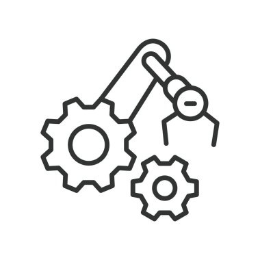 Robotik mekanizma ikonu çizgi tasarımında. Otomasyon, kol, mühendislik, süreç, vites, hareket, beyaz arka plan vektörü üretimi. robotik sistem düzenlenebilir vuruş simgesi