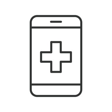 E tıp, çizgi tasarımı ikonu. İlaçlar, dijital sağlık hizmetleri, beyaz arka plan vektöründe mobil tıp. E tıbbı düzenlenebilir vuruş simgesi