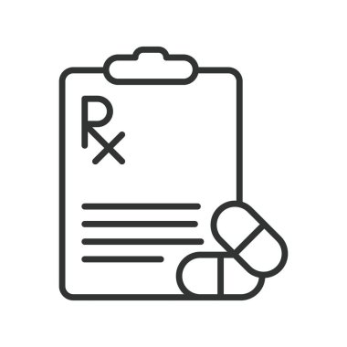 Çevrimiçi reçete, satır tasarımı simgesi. Online reçete, dijital sağlık hizmeti, beyaz arkaplan vektörüyle ilgili RX belgesi. Çevrimiçi reçeteli düzenlenebilir vuruş simgesi