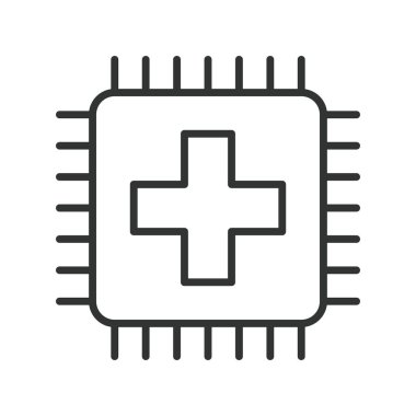 Tıbbi teknoloji, çizgi tasarımı ikonu. Tıbbi teknoloji, dijital sağlık sistemi, beyaz arka plan vektöründe mikroçip. Tıbbi teknoloji düzenlenebilir vuruş simgesi