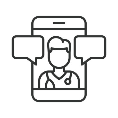 Teletıp sohbeti, satır tasarımı simgesi. Teletıp sohbeti, dijital sağlık hizmeti, beyaz arka planda akıllı telefon. Teletıp sohbet düzenlenebilir vuruş simgesi