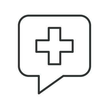 Sağlık bilgisi, çizgi tasarımı ikonu. Sağlık bilgileri, dijital sağlık hizmetleri, beyaz arkaplan vektöründeki konuşma balonu. Sağlık bilgisi düzenlenebilir vuruş simgesi