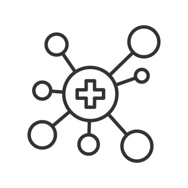 Tıbbi paylaşım verileri, satır tasarımı simgesi. Tıbbi paylaşım verileri, dijital sağlık hizmetleri, beyaz arka plan vektörü ağı. Tıbbi paylaşım veri değiştirilebilir vuruş simgesi