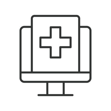 Tıbbi bilgi ekranı, satır tasarımı simgesi. Tıbbi bilgi ekranı, dijital sağlık sistemi, beyaz arka plan vektörü. Tıbbi bilgi ekranı düzenlenebilir vuruş simgesi
