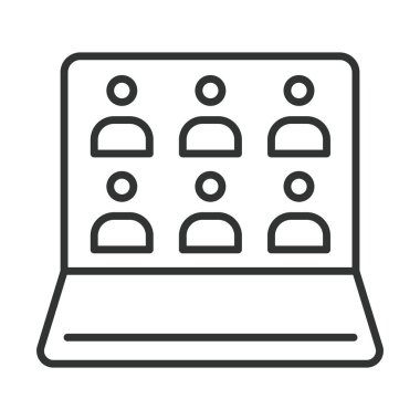 Satır tasarımında sanal buluşma simgesi. Video görüşmesi, çevrimiçi toplantı, uzaktan iletişim, sanal takım, konferans, takım çalışması, beyaz arka plan vektörü grubu. sanal toplantı düzenlenebilir vuruş simgesi