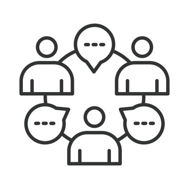 Satır tasarımında grup simgesi. grup, iletişim, insanlar, tartışma, takım çalışması, topluluk, beyaz arka plan vektörü üzerindeki etkileşim. grup düzenlenebilir vuruş simgesi