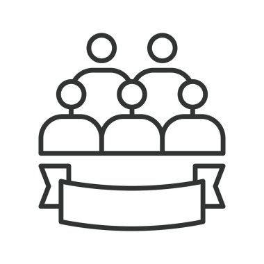 Satır tasarımında konferans simgesi. Konferans, sunum, grup, toplantı, takım çalışması, iletişim, beyaz arka plan vektörü üzerine tartışma. konferans düzenlenebilir vuruş simgesi