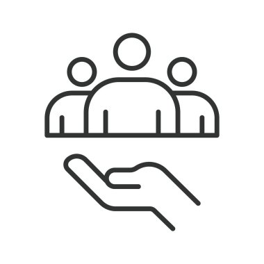 Satır tasarımında simgeyi destekle. Destek, yardım, yardım, ekip çalışması, bakım, işbirliği, beyaz arka plandaki insanlar. düzenlenebilir vuruş simgesini destekle