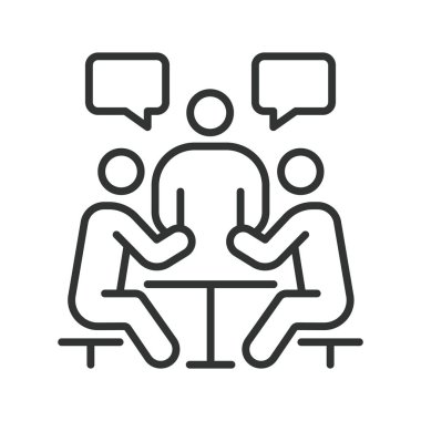 Satır tasarımında tartışma simgesi. tartışma, konuşma, iletişim, toplantı, takım çalışması, konuşma, grup beyaz arka plan vektörü. tartışılabilir vuruş simgesi