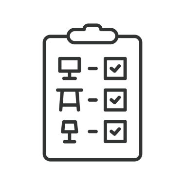 Satır tasarımında kontrol listesi simgesi taşınıyor. Kontrol listesi, planlama, yer değiştirme, taşınma, görevler, beyaz arka plan vektörü organizasyonu. Kontrol listesi değiştirilebilir vuruş simgesini taşır