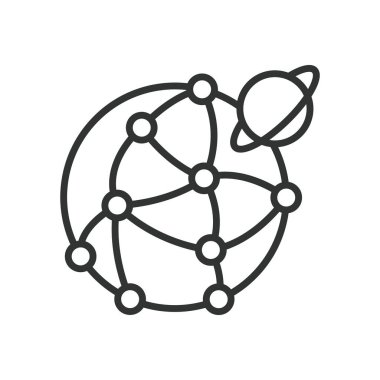 Satır tasarımında küresel ağ simgesi. Dünya çapında bağlantı, internet, iletişim düğümleri, beyaz arka plan vektörüne bağlı gezegen ağı. Genel ağ düzenlenebilir vuruş simgesi