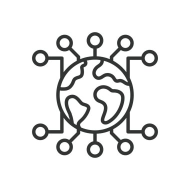 Satır tasarımında küresel veri simgesi. Beyaz arkaplan vektöründe dünya çapında veri akışı, dijital bilgi, küresel bağlantı. Genel veri düzenlenebilir vuruş simgesi