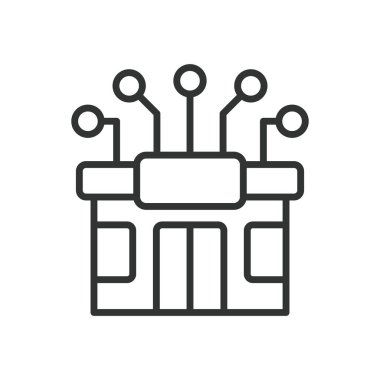 Satır tasarımında akıllı depolama simgesi. Akıllı perakende, dijital dükkan, beyaz arka plan vektörü ekommerce teknolojisi. Akıllı kaydedilebilir vuruş simgesi