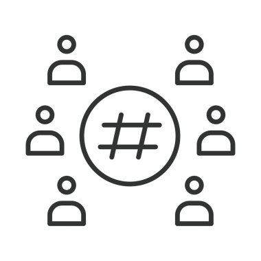 Hashtag topluluk grubu, satır tasarımı simgesi. hashtag, kullanıcılar, izleyiciler, topluluk, insanlar, grup, beyaz arka plan vektörüne ulaşın. Etiket grubu düzenlenebilir vuruş simgesi