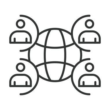 Küresel sosyal bağlantılar, çizgi tasarımı ikonu. dünya, kullanıcılar, ağ, insanlar, dünya, bağlantı, beyaz arka plan vektöründeki topluluk. Genel ağ düzenlenebilir vuruş simgesi