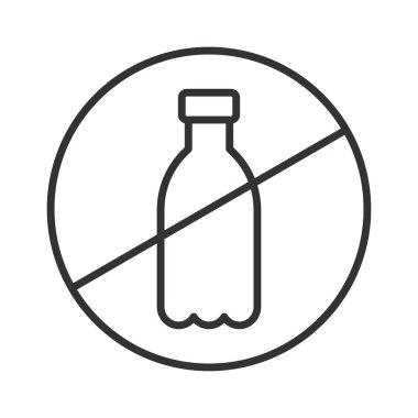Çizgi tasarımında plastik şişe simgesi yok. Plastik yasaklama, beyaz arka plan vektöründe atık azaltma. Eko düzenlenebilir vuruş simgesi