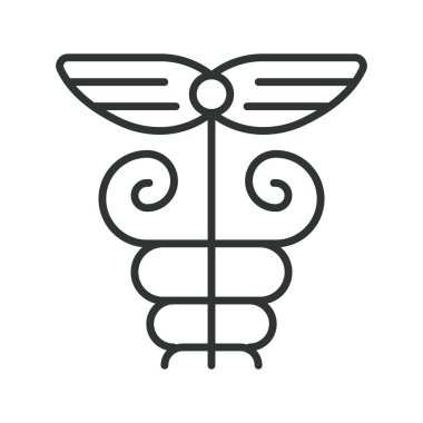 Tıbbi caduceus sembol tasarımı. Causeus, medikal, sağlık hizmeti, sembol, ilaç, personel, beyaz arka plan vektöründeki eczane. çünkü düzenlenebilir vuruş simgesi