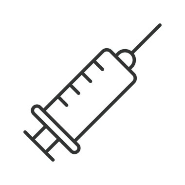 Tıbbi enjeksiyon ikonu sıra dizaynında. Şırınga, iğne, aşı, tıbbi, sağlık, tedavi, beyaz arka plan vektörü üzerine ilaç. Düzenlenebilir şırınga vuruş simgesi
