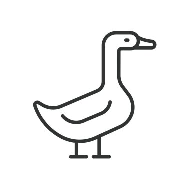 Duck, çizgi dizaynında bir ikon. Ördek, kuş, hayvan, çiftlik, su, vahşi yaşam, beyaz arka plan vektöründe sevimli. ördek biçimlendirilebilir vuruş simgesi