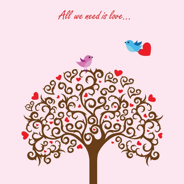 Árbol del amor y pájaros enamorados — Vector de stock