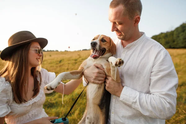 Casal Feliz Amor Com Cão Campo Natureza — Fotografia de Stock