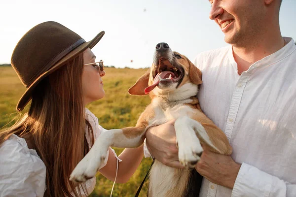 Щаслива Пара Закохана Собаку Полі Природі — стокове фото