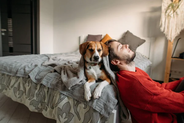 Gelukkig Man Met Schattige Hond Slaapkamer Bed — Stockfoto