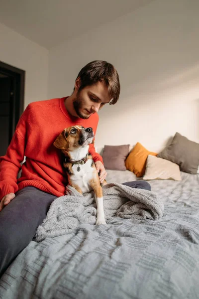 Happy Man Cute Dog Bedroom Bed — Stock Photo, Image