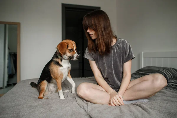 Jonge Vrouw Met Een Hond Het Bed Slaapkamer — Stockfoto
