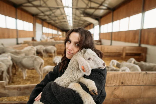 Jong Gelukkig Vrouw Een Schapen Boerderij Knuffelen Met Schapen — Stockfoto