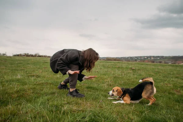 Jonge Vrouw Met Een Beagle Hond Rennen Een Groen Veld — Stockfoto