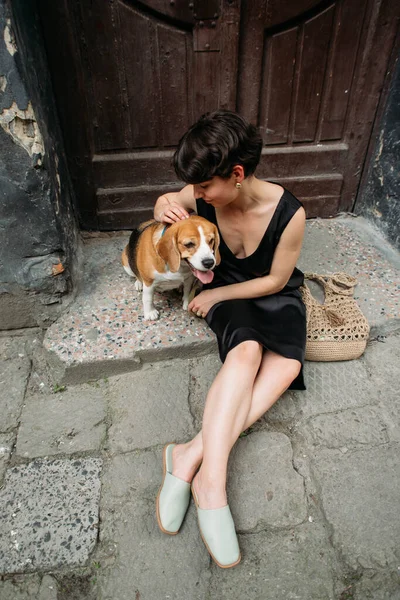 Young Woman Cute Beagle Dog Old House — Stock Photo, Image