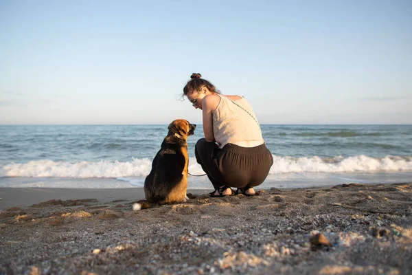 Jovem Mulher Com Cão Beagle Beira Mar — Fotografia de Stock