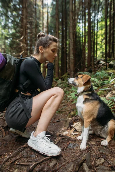 Jovem Caminhadas Com Cão Floresta — Fotografia de Stock