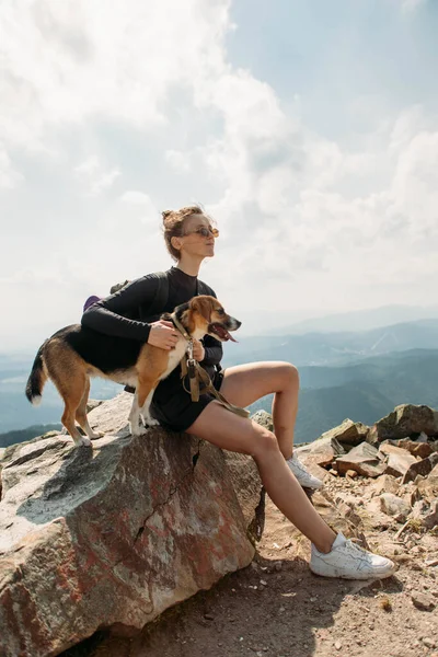 Sportieve Jonge Vrouw Met Een Hond Top Van Berg — Stockfoto