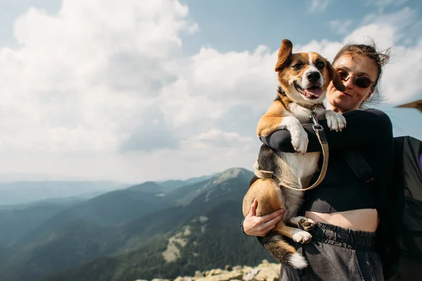 Sportig Ung Kvinna Med Hund Toppen Berget — Stockfoto