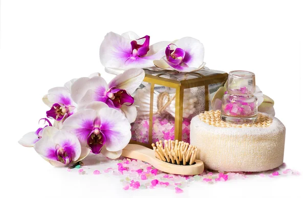 Composition with twig white orchid and accessories for of spa. — Stock Photo, Image