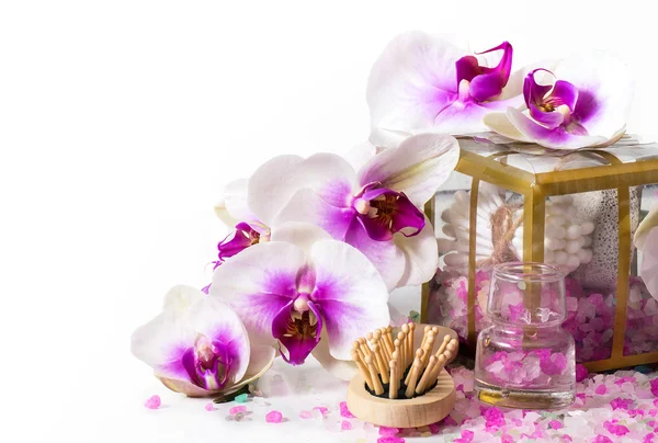 Composition with twig white orchid and accessories for of spa. — Stock Photo, Image