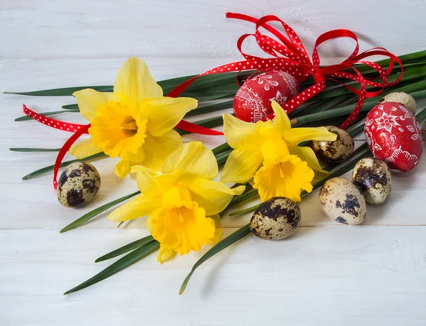 Narcissus flower and quail egg. — Stock Photo, Image