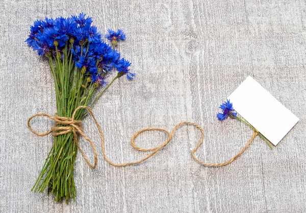 Bouquet of cornflowers and label for text. — Stock Photo, Image