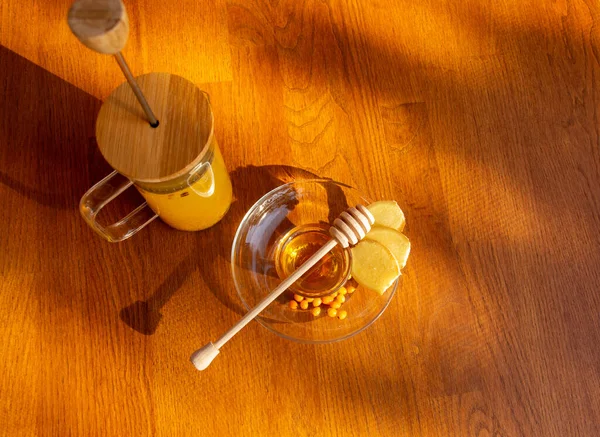 Ginger Sea Buckthorn Tea Cinnamon Sticks Honey Wooden Table — Stock Photo, Image