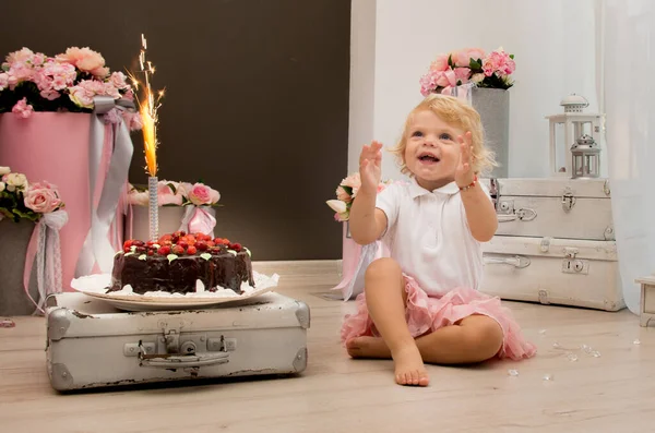 Happy Little Blonde Girl Birthday Chocolate Berry Cake Firework — Stock Photo, Image