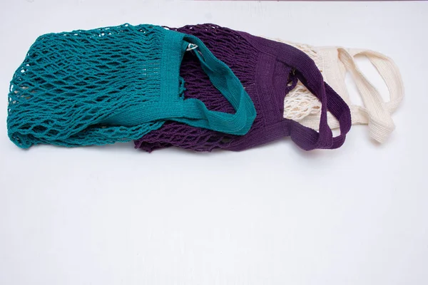 Set Colorful Mesh Bags Fro Eco Shopping White Backgrounf — Stock Photo, Image